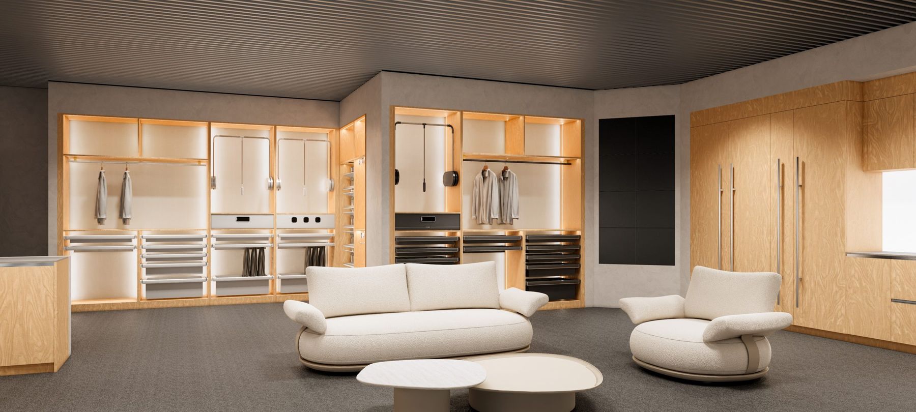 Render del showroom: salón con vestidores