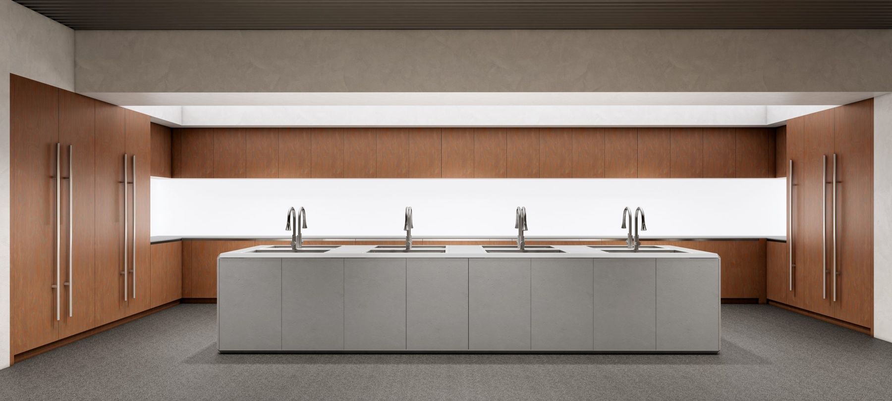 Render del showroom: zona de prueba de piletas